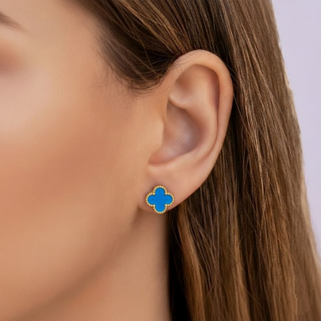 Malachite Clover Stud Earrings, Gold Plated, Classic Design (Blue) - Image 2