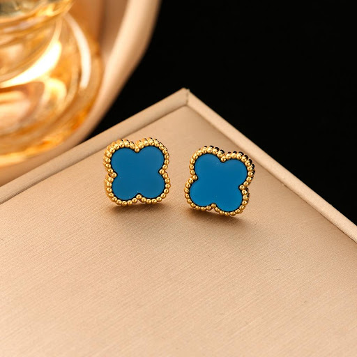 Malachite Clover Stud Earrings, Gold Plated, Classic Design (Blue)