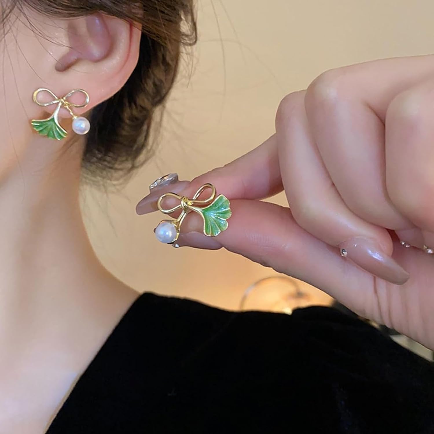 Seashell Serenity Earrings For Women, Gold Coastal Design (Green) - Image 2