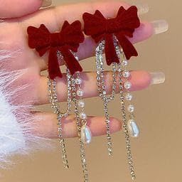 Red Velvet Bow Dangle Earrings with Gold Chains, Pearl and Crystal Embellishments - Image 3