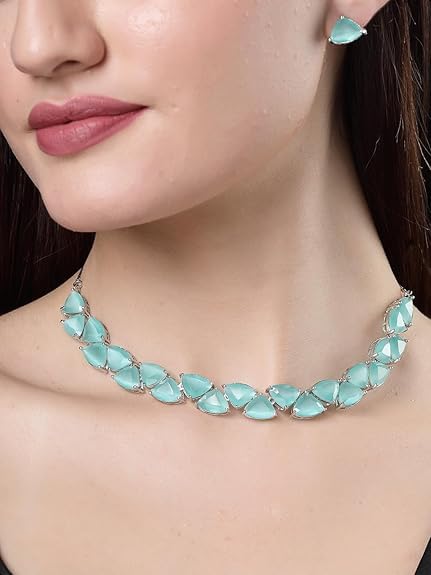 Aqua Elegance Silver Necklace Set, Timeless Luxury & Radiance, for Special Occasions, Wedding Party Jewellery, Statement Piece