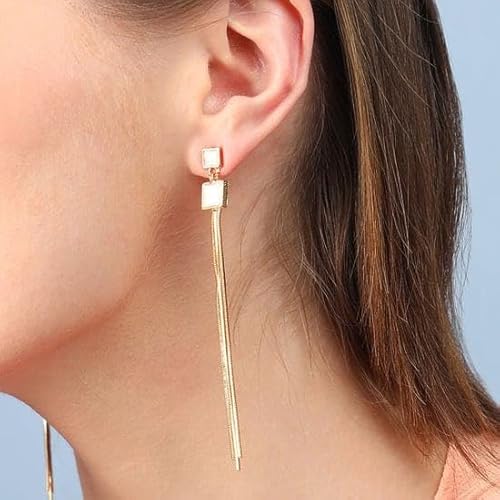 Square Long Tassel Earrings, Long Statement Dangle Design, Lightweight - Image 3
