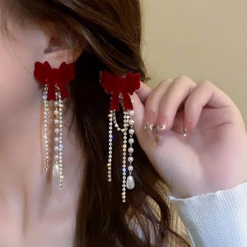 Red Velvet Bow Dangle Earrings with Gold Chains, Pearl and Crystal Embellishments - Image 4