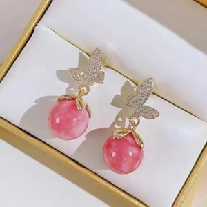 Pink Opal Drop Earrings with Gold Accents, Lightweight Fashion Jewellery for Women