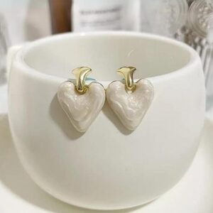 Drop Glaze Love Stud Earrings, Gold Posts, Love Design (White)
