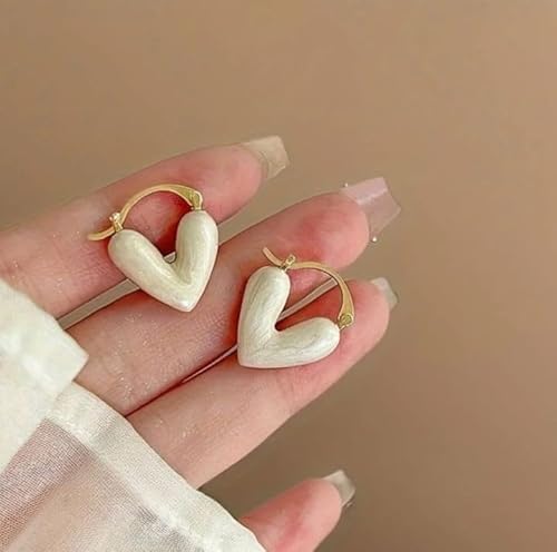 Minimal Enamelled Heart Earrings, Minimalist Fashion Jewellery, Trendy Women’s Accessories (White)