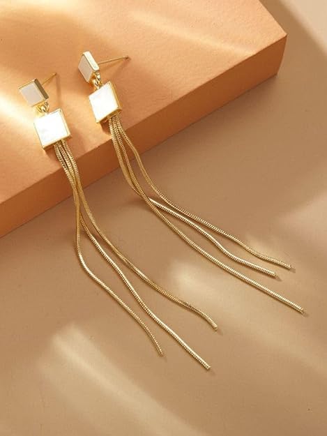 Square Long Tassel Earrings, Long Statement Dangle Design, Lightweight - Image 2