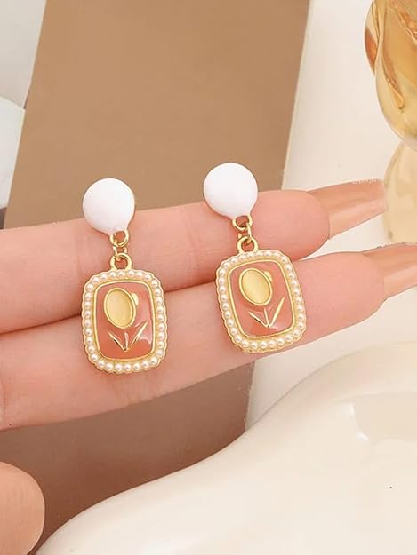 Faux Pear Tulip Opal Drop Earrings, Elegant Design, Shiny Finish (Red)