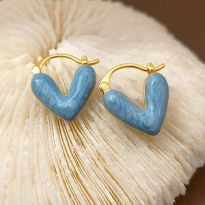 Minimal Enamelled Heart Earrings, Minimalist Fashion Jewellery, Trendy Women's Accessories (Blue)