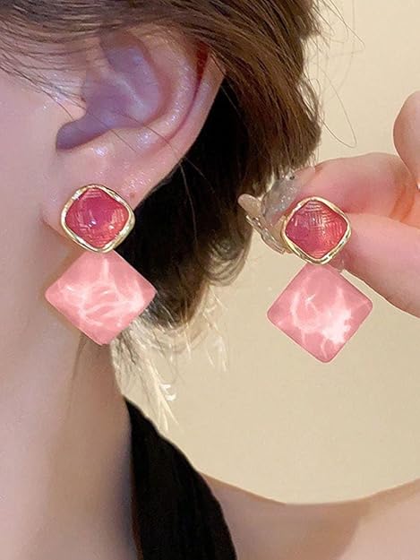 Candy Colours Oil Dripping Acrylic Earrings, Lightweight Fashion Jewellery for Women (Pink) - Image 2