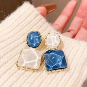 Blue and White Stone Earrings, Lightweight Statement Jewellery