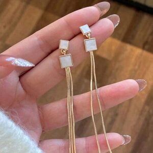 Square Long Tassel Earrings, Long Statement Dangle Design, Lightweight
