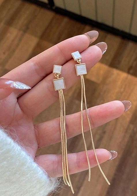 Square Long Tassel Earrings, Long Statement Dangle Design, Lightweight