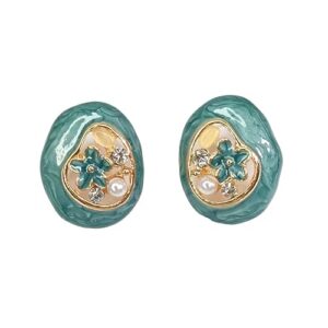 Floral Stone Earrings with Crystals, Luxury Accessory (Teal)