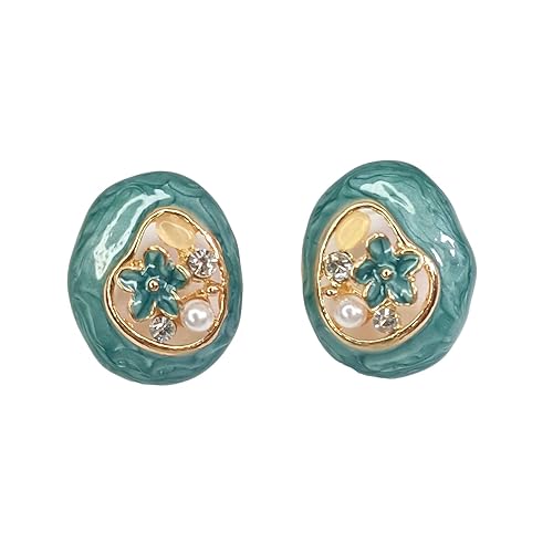 Floral Stone Earrings with Crystals, Luxury Accessory (Teal)