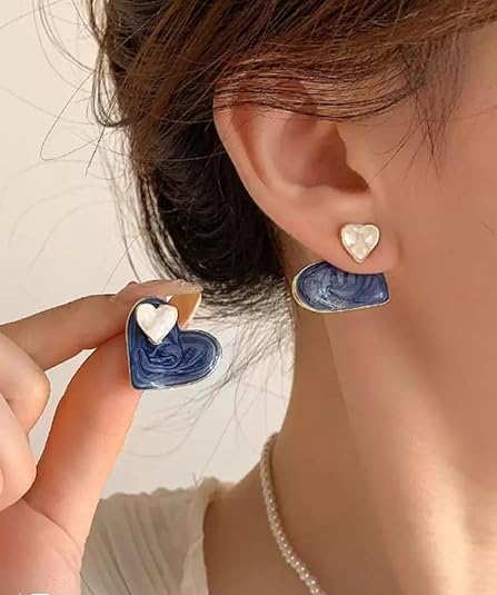 Enamel Blue Heart Stud Earrings, Lightweight Enamel Design, Casual and Formal Wear - Image 2