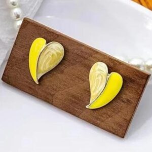 Minimal Enamelled Heart Earrings, Minimalist Fashion Jewellery, Trendy Women's Accessories (Yellow)