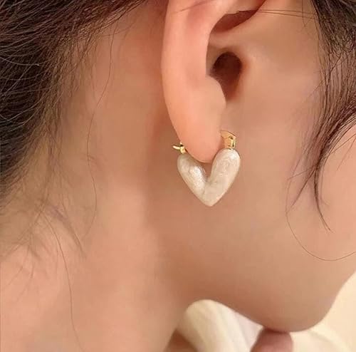 Minimal Enamelled Heart Earrings, Minimalist Fashion Jewellery, Trendy Women’s Accessories (White) - Image 3