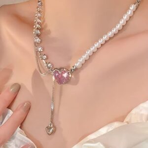 Pink Heart Pearl Chain Necklace For Women, Lightweight And Comfortable Jewellery