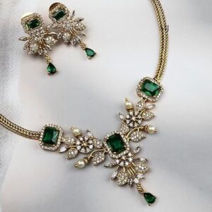 Vintage Floral Emerald & American Diamond Set, for Special Occasions, Wedding Party Jewellery, Statement Piece