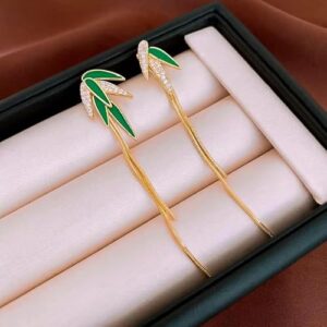 Green Leaf Bamboo Tassel Long Earrings, Long Lightweight Fashion Jewellery, Nature-Inspired Design