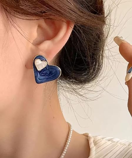 Enamel Blue Heart Stud Earrings, Lightweight Enamel Design, Casual and Formal Wear - Image 3