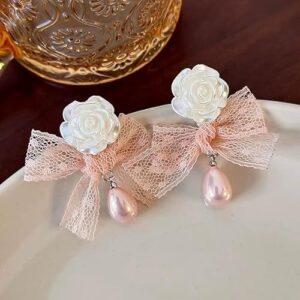 Pink Lace Bowknot Flower Earrings, Lightweight Fashion Accessories for Women