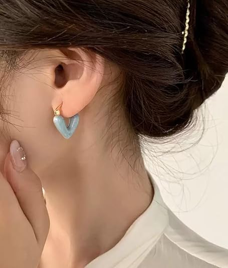 Minimal Enamelled Heart Earrings, Minimalist Fashion Jewellery, Trendy Women's Accessories (Blue) - Image 4