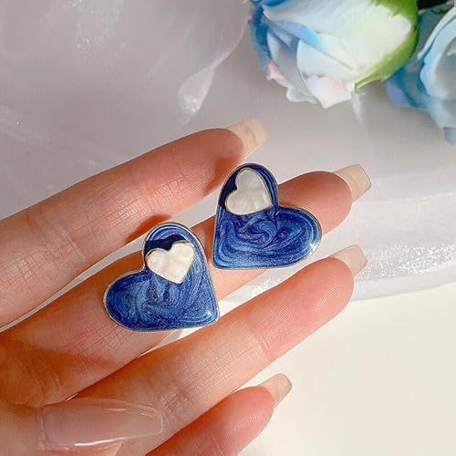 Enamel Blue Heart Stud Earrings, Lightweight Enamel Design, Casual and Formal Wear