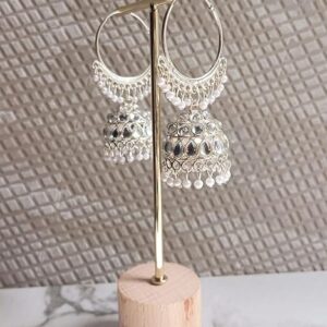 Luminous Crystal Jhumka Earrings with Beaded Danglers, Antique Plated, Traditional Wedding Jewellery