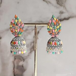 Beaded Blossom Jhumka Earrings, Traditional Ethnic Statement Danglers, Antique Plated, Lightweight