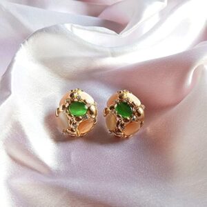 Multicolour Floral Stone Earrings with Crystals, Luxury Accessory (Green)
