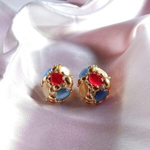 Multicolour Floral Stone Earrings with Crystals, Luxury Accessory (Pink)