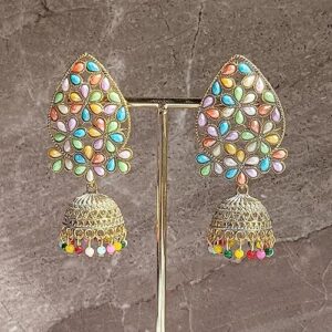 Multicolor Kundan Floral Jhumka Earrings, Antique Gold Plated, Multicolour Pastel Stones, Traditional Wedding Jewellery