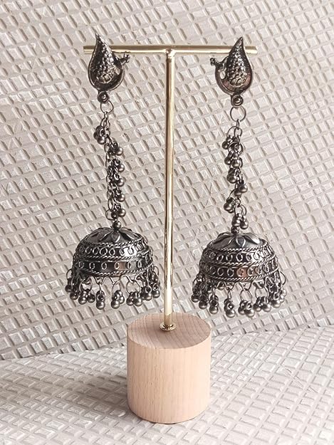 Antique Oxidized Silver Peacock Jhumka Earrings, Traditional Handcrafted Dangler, Boho Style - Image 2