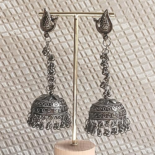 Antique Oxidized Silver Peacock Jhumka Earrings, Traditional Handcrafted Dangler, Boho Style