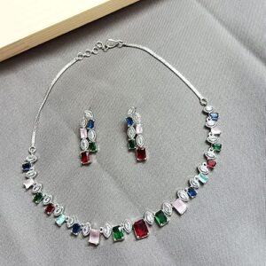 Emerald Statement Necklace and Drop Earrings Set, Premium AD, Multicolour Gemstones